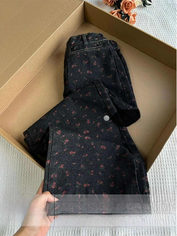 

Retro Large Size Floral Denim Pants Women's Loose Straight Leg Trousers Spring New Sle Slimming Nine Point Wide Leg Jeans