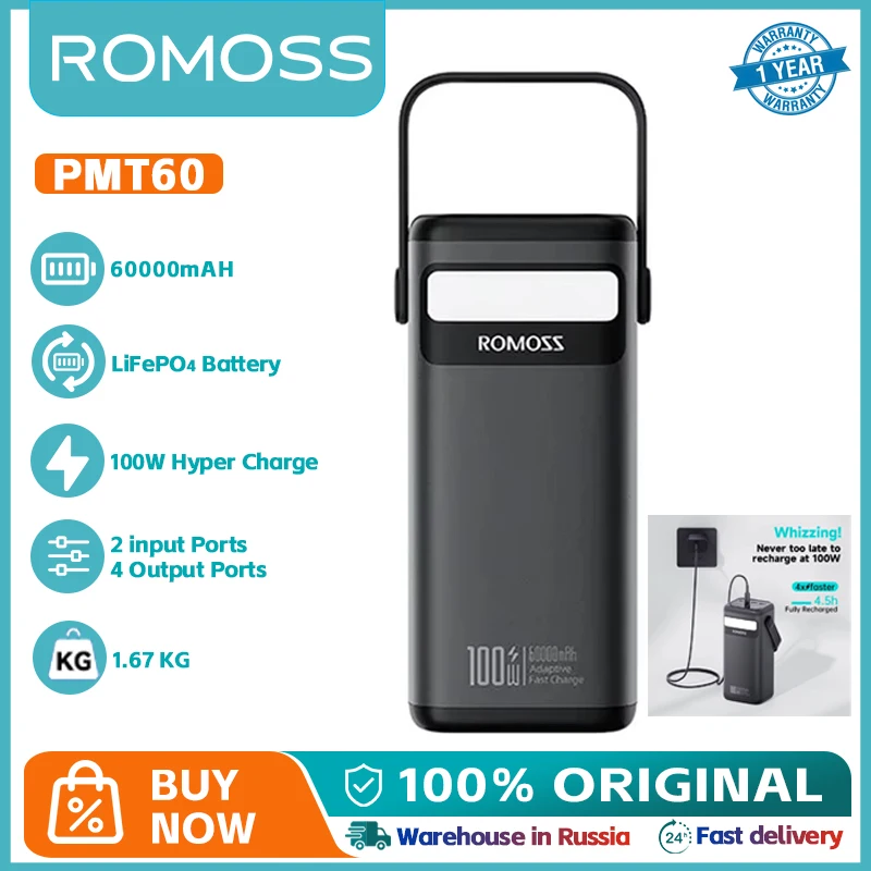 ROMOSS PMT60 Powerful Power Bank 60000 mAh 100W Type C Powerbank 60000mAh External Battery Charger For Xiaomi iphone HUAWEI