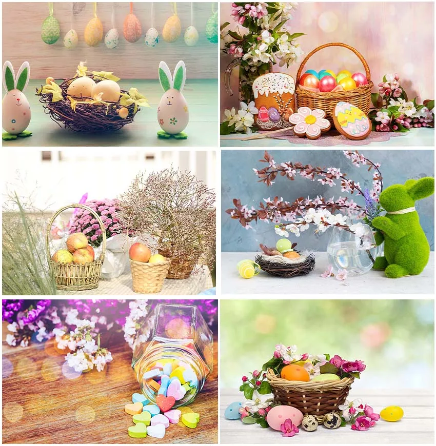 Cute Bunny Basket Eggs Baby Portrait Candy Fruit Backdrops Happy Easter Flowers Plants Spring Sunshine Bokeh Backgrounds Photo