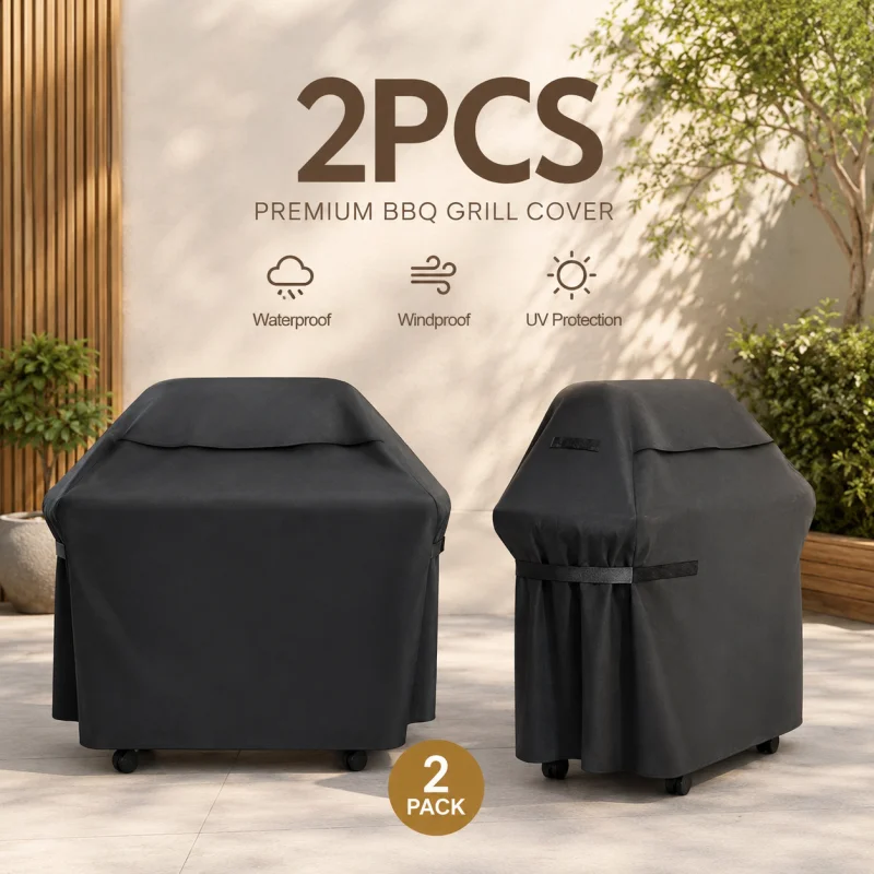 2-Piece Full-Coverage BBQ Cover—Outdoor Weather Protection; Black Oxford Fabric—Waterproof, UV-Resistant, and Tear-Resistant; Drawstring Closure for Easy Cleaning; Wind-Resistant and Durable; Suitable for Large Outdoor BBQ Grills