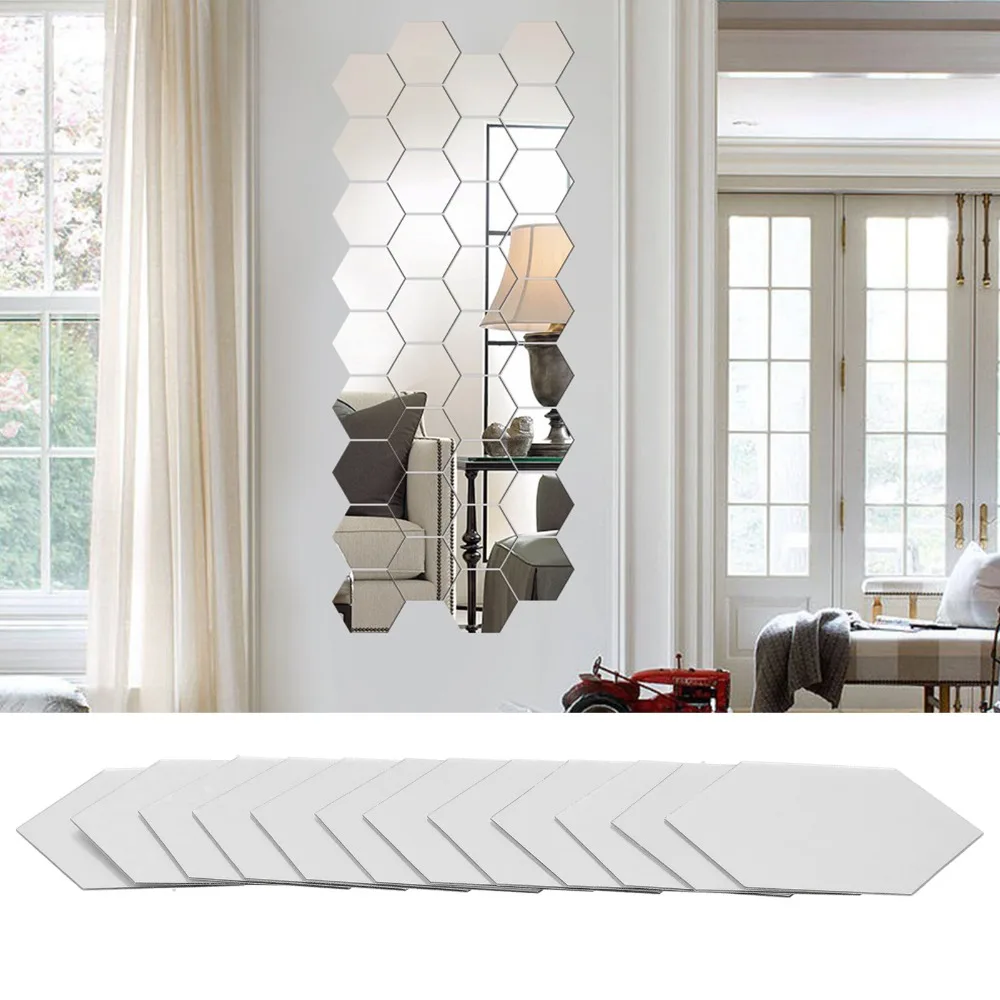 12 Pcs Acrylic Acrylic Mirror Sticker Silver Self Adhesive Self Adhesive Wall Decal 10cm Hexagonal Shape