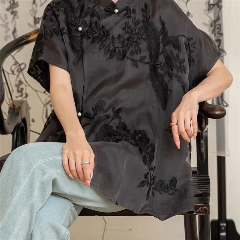 

2025 New Summer Black Floral Embroidery Blouse Women Chinese Style Loose Stand Collar Women Shirts Fashion Thin Female Tops