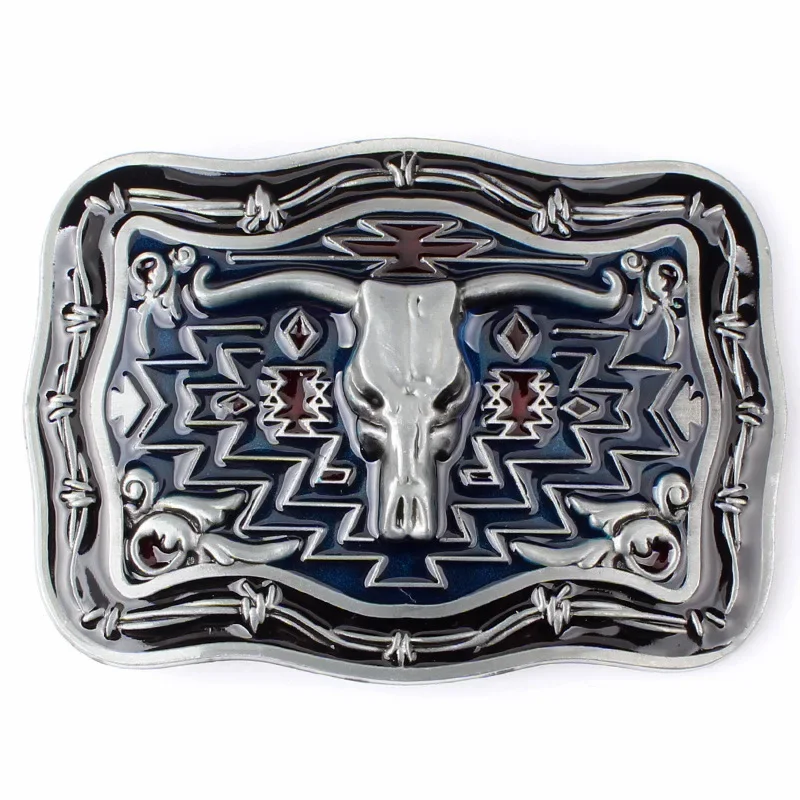 Bull Head Men Belt Buckle Western Style Long-angle Cowhide Metal Beautiful pattern with red blue background silver