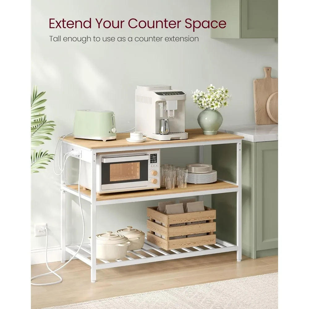 جزيرة مطبخ كبيرة مع أرفف من 3 طبقات، شريط طاقة متضمن، 23.6 × 47.2 × 34.9، سطح عمل واسع، إطار معدني