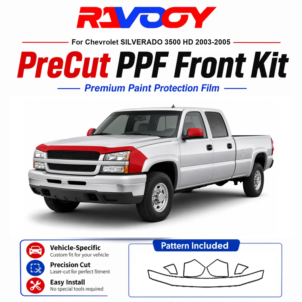 

8.5mil TPU Precut PPF Kit For Chevrolet SILVERADO 3500 HD 2003-2005 - Hood, Fenders & Mirror Set - Self-Healing Clear Bra Film