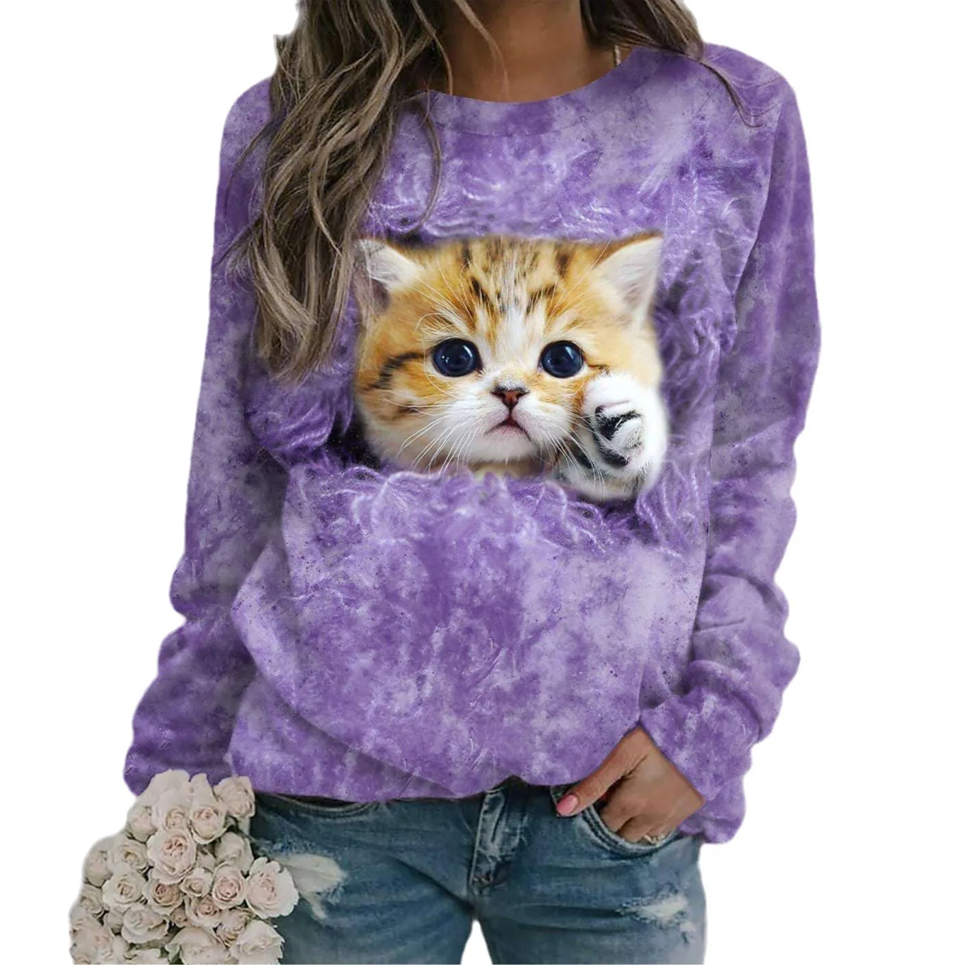 

European and American women's cute cat print casual crew-neck pullover sweatshirt