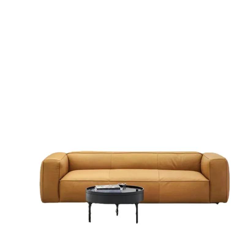 

Italian minimalist oil wax leather sofa, living room caramel color straight row sofa