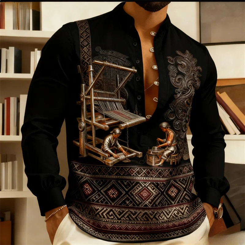男性の伝統的な民族衣装のシャツ |   3D織りアートプリント |   中国風の立ち襟長袖 |   お祭り/オフィス文化 フォーマル/カジュアル