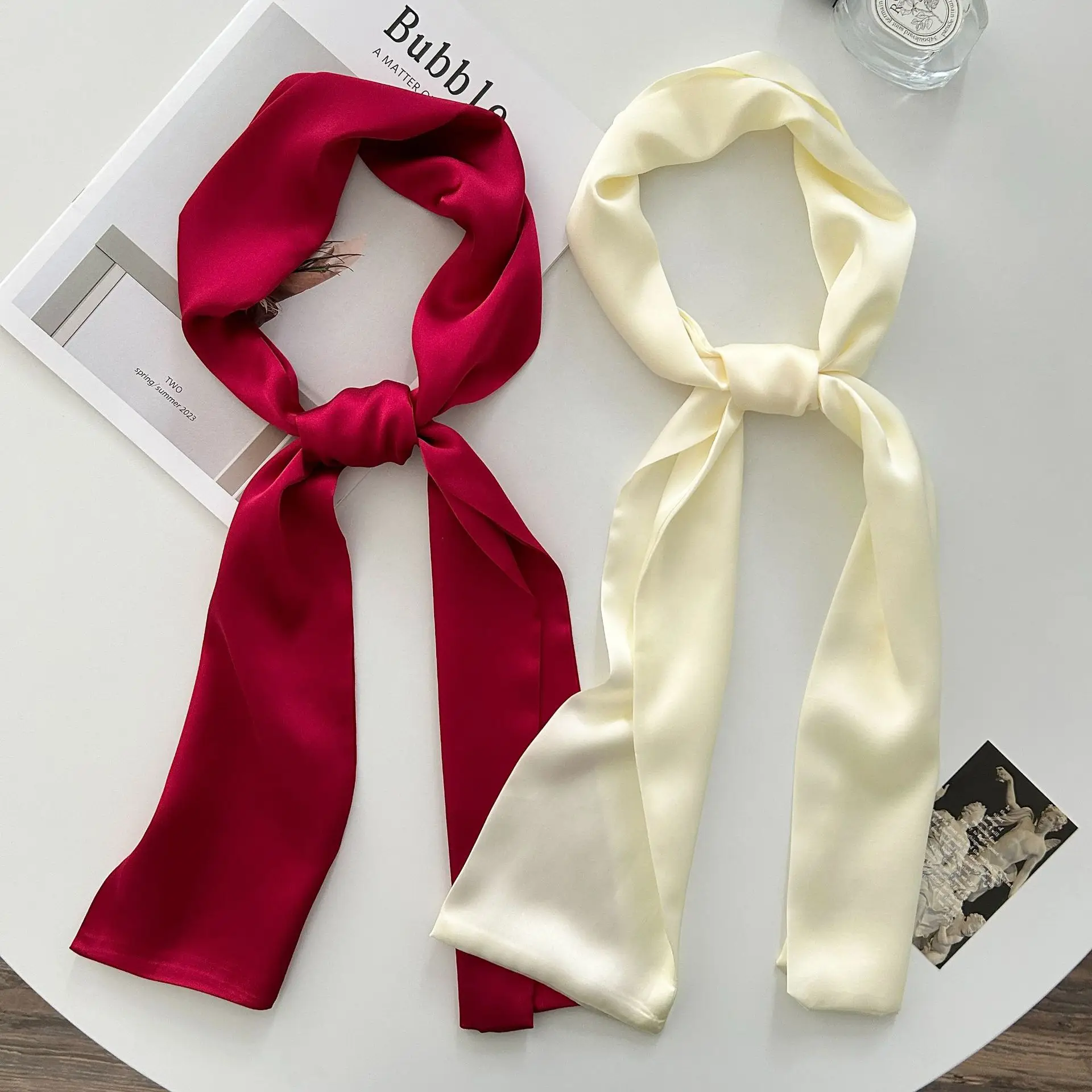 

Luxury Solid Color Satin Skinny Scarf for Women Long Neckerchief Multi-use Hair Scarf Bag Wrap Soft Neck Scarf for Travel Daily