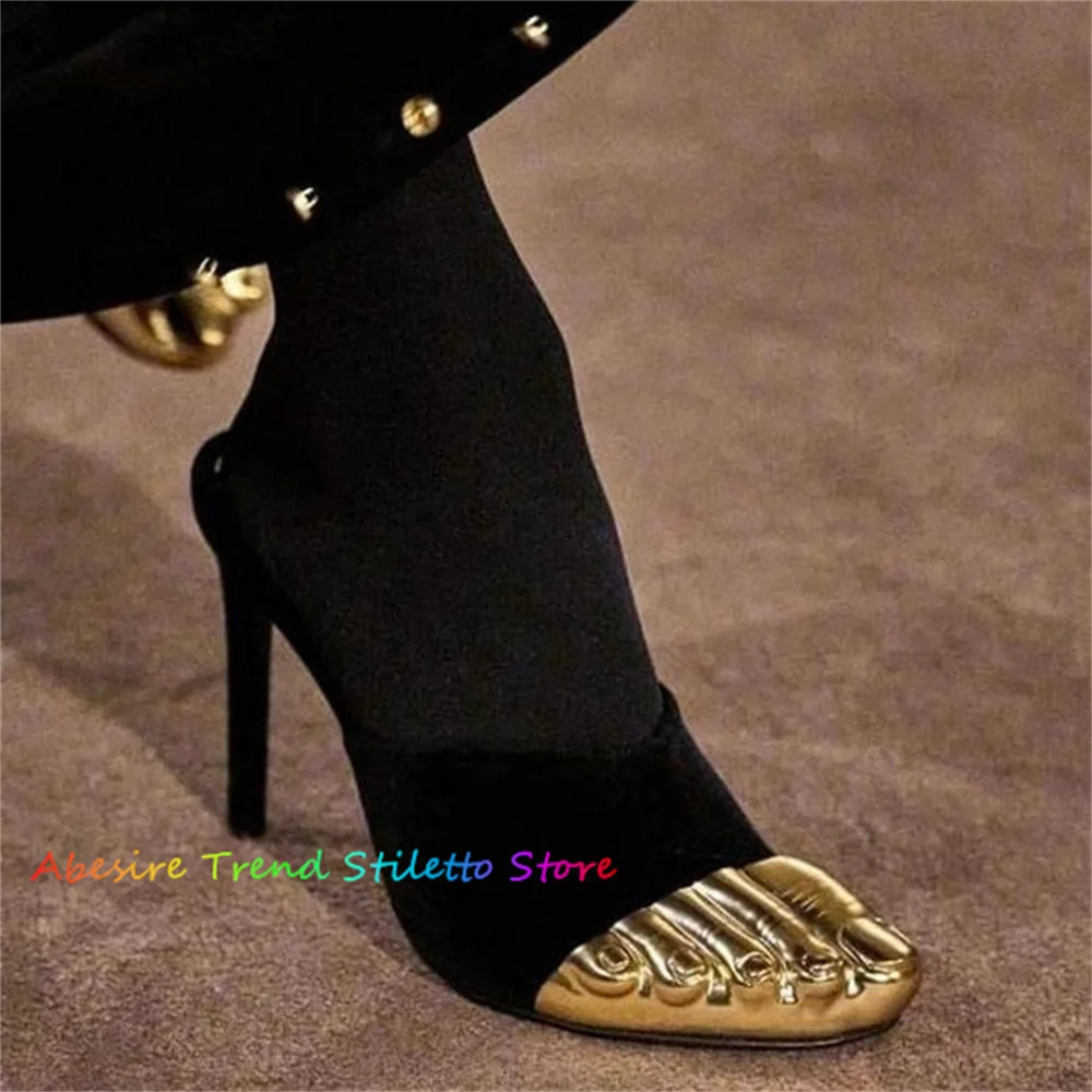 Gold Five Fingers Black Leather Thick Heel Boot Platform Back Zipper Ankle Booties Fashion Runway Shoes 2024 Newest Boot