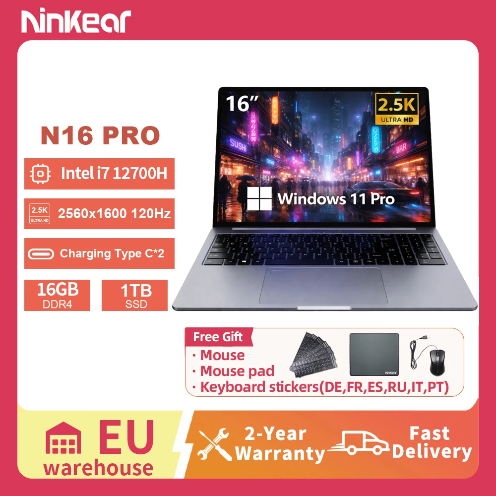 Ordenador Portátil Ninkear N16 Pro 16 Pulgadas Pantalla 2.5K 120Hz Intel Core i7-12700H 16GB RAM 1TB SSD WiFi 6 Windows 11 Pro Notebook Gaming para Oficina Estudiante