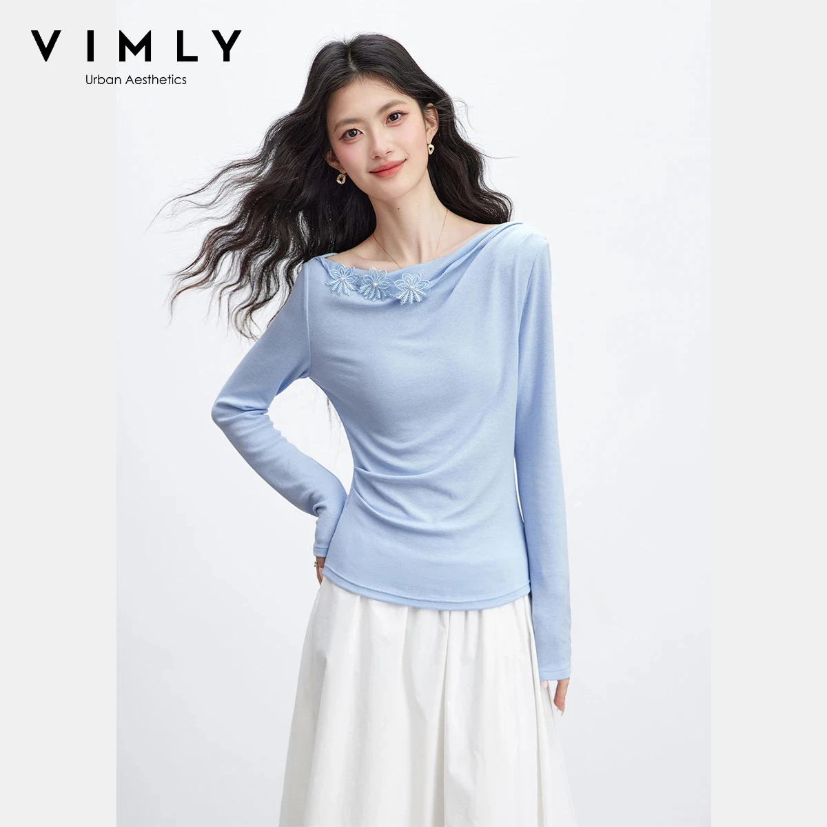 

VIMLY Women's One-Shoulder Long Sleeve Top 2026 Spring New Solid with Floral Applique Design T-shirt Casual Slim Top women A5101