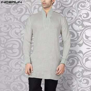 2024 männer Muslimischen Shirts Patchwork V-ausschnitt Langarm Vintage Männer Kleidung Islamischen Arabisch Casual Männlichen Hemd Kaftan S-5XL INCERUN