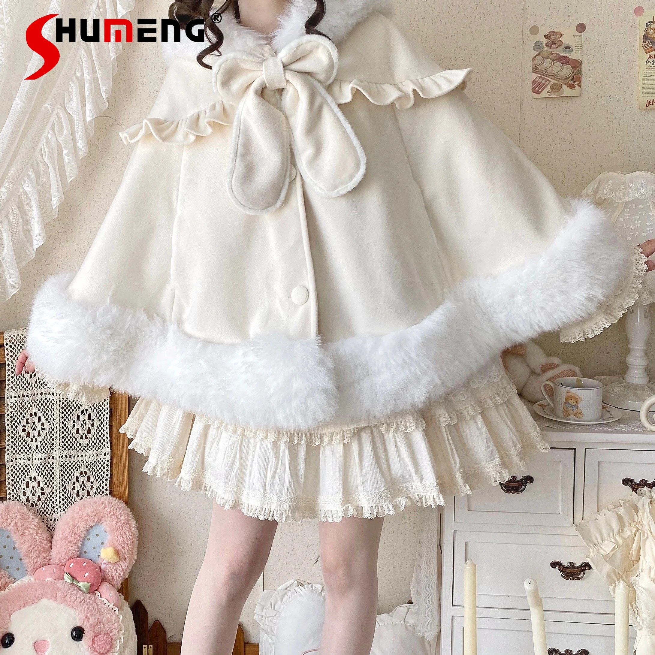 

Japanese Sweet Girls Lolita Hooded Cloak Autumn Winter New Women's Kawaii Bow Bunny Ears Capes Ponchos Y2k Plush Short Jacket