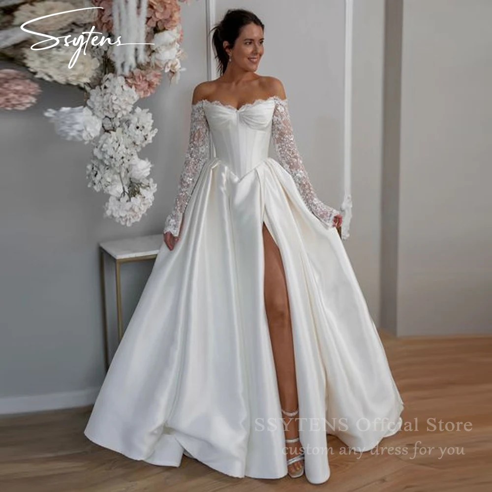 

SSYTENS Vintage Off The Shoulder A-Line Lace Bride Gown Sweetheart Neck Satin Slit Lace Up Back Wedding Dresses Women Customized