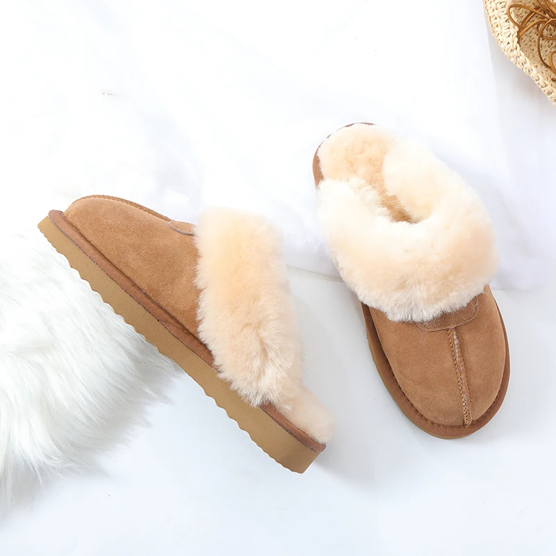 100% Natuurlijke Schapenvacht Winter Warm Bont Slippers Vrouwen Thuis Schoenen Indoor Slipper Luxe Wollen Slippers Vrouw Slippers