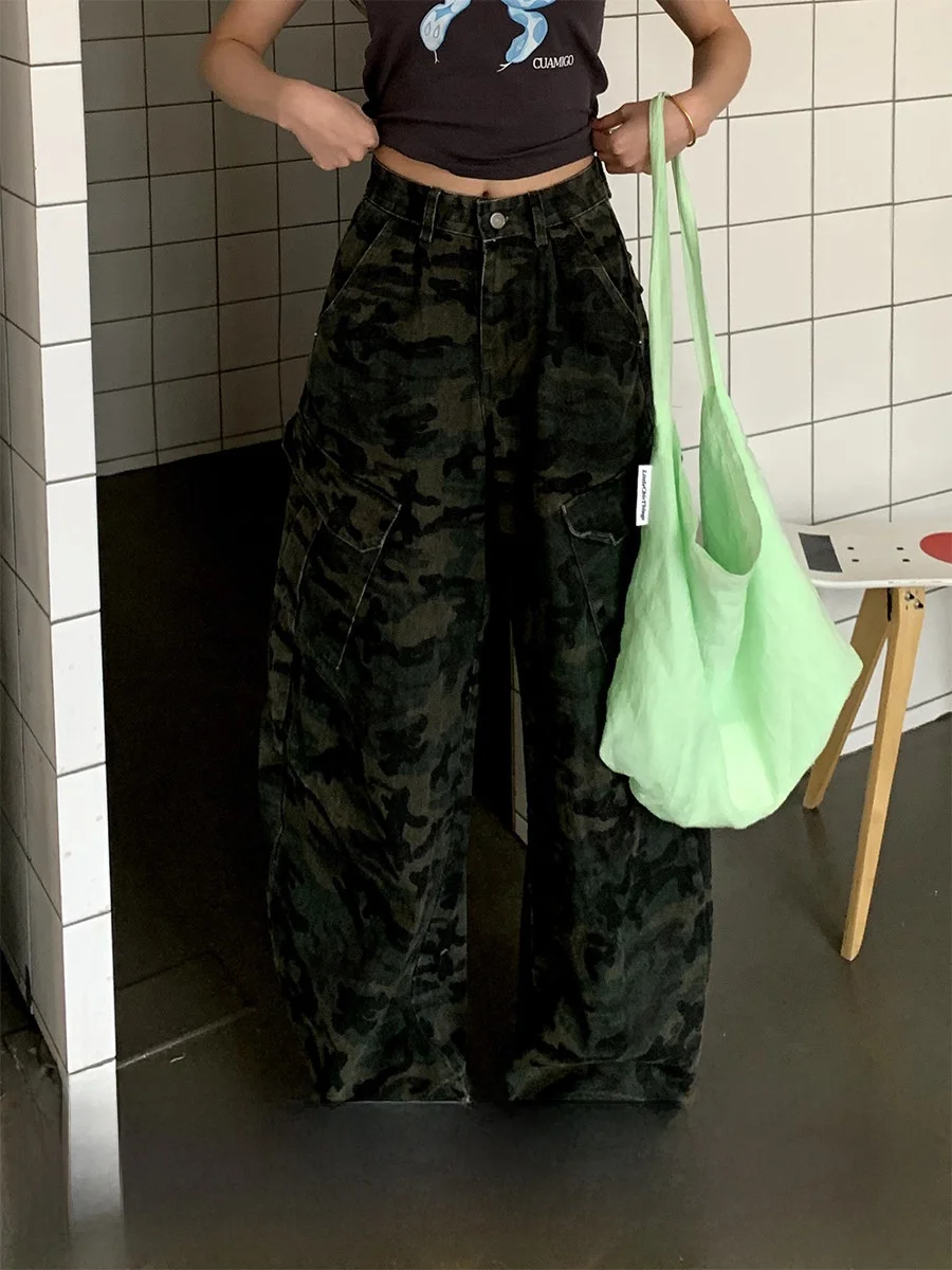 

Американские камуфляжные джинсы с высокой талией в стиле ретро, женские весенние свободные брюки для пар, оранжевое дерево, где это, повседневные широкие брюки