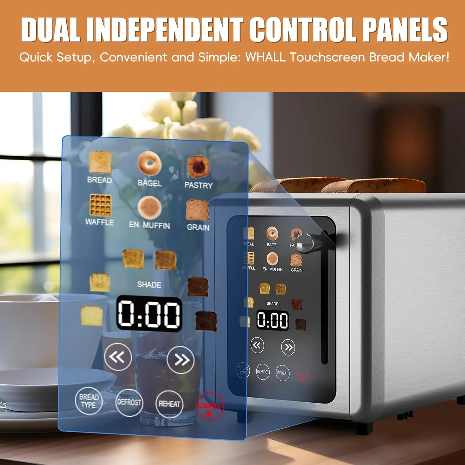 Toaster 2 slice, Stainless Steel Digital Timer Toaster with Sound Function, 6 Bread Types & 6 Shade Settings, Smart