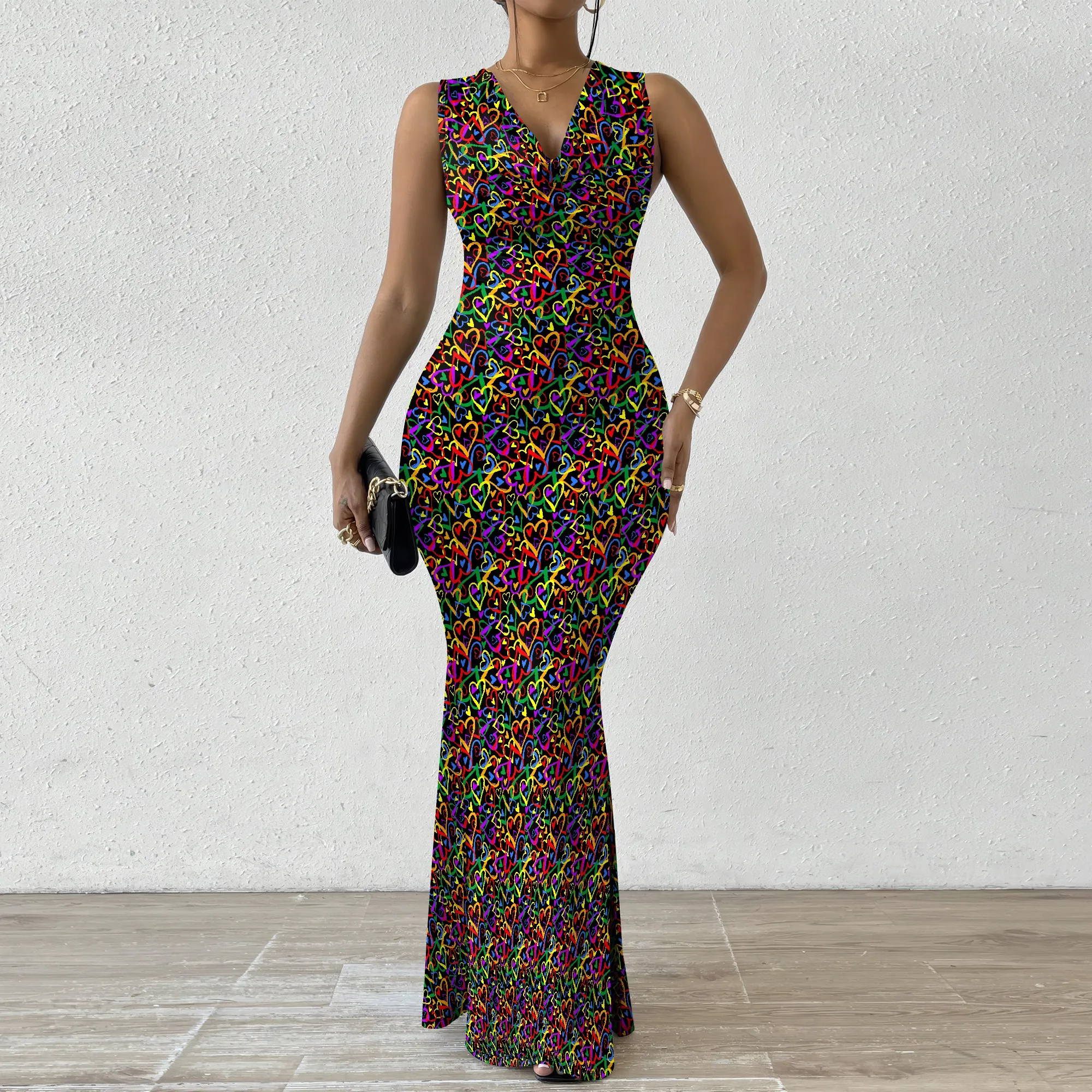 

Women's Mermaid Dress Fitted Cowl Neck Fishtail Dress XS-2XL Love Pattern for Interior Design Show Home Decor Event