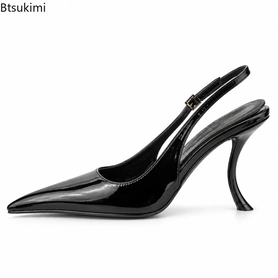 Women Luxury Elegant Glossy Patent Leather Pointed Toe Slingback High Heels Curved Stiletto Heel Evening Party Wedding Pumps