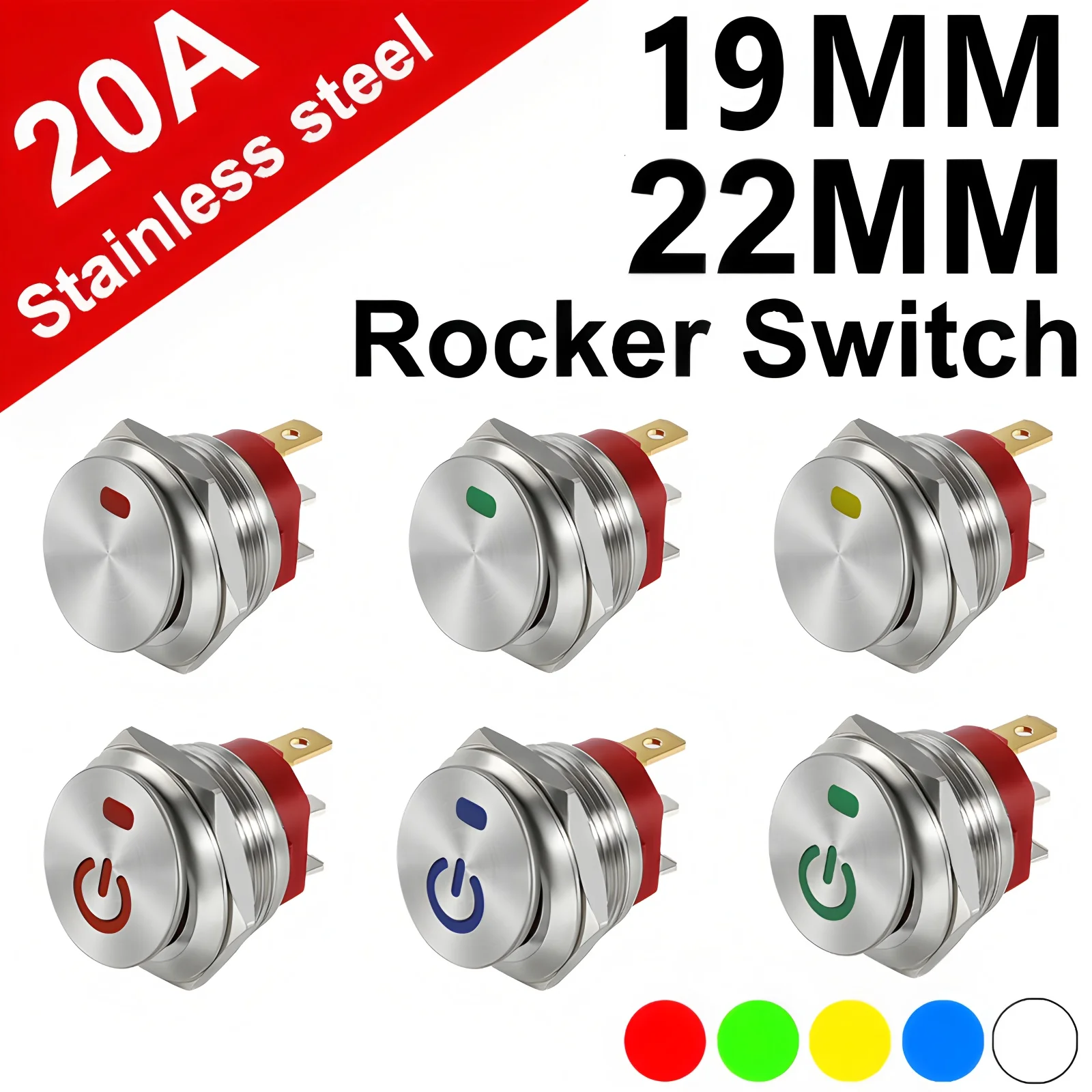 19mm 22mm Metal Button Rocker Switch 12V/20A 220V/15A Toggle Switch Self-Locking Button ON-OFF 3-Pin Apply to Car Boat