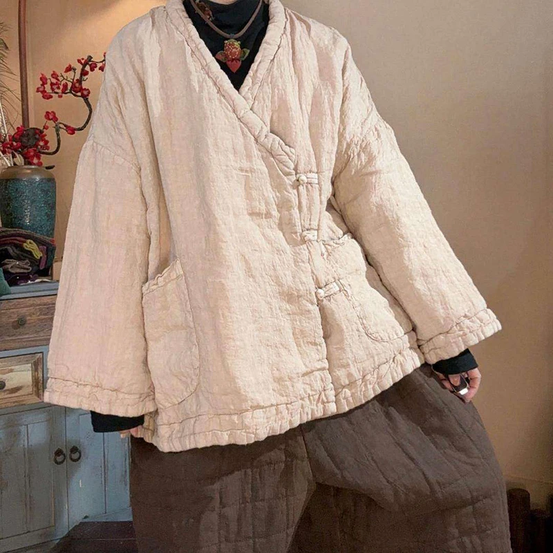 2026 New Arrival Winter Women Pocket Patchwork Single Breasted Long Sleeves Parkas Good Quality Cotton Linen Casual Coats Y228