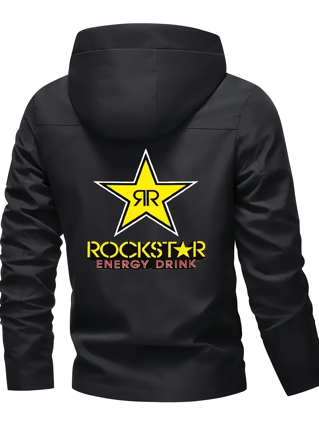 سترة بغطاء للرأس ثقيلة الوزن للرجال من Rockstar Logo - معطف بسحاب كامل مقاوم للرياح مع جيوب بسحاب ملابس خارجية للدراجات النارية في الشارع