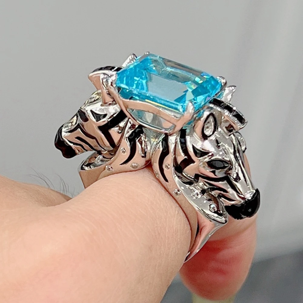 KQDANCE Solid 925 Silver Red Corundum Blue Sapphire Aquamarine High Carbon Diamond Gemstone Zebra Style Rings Jewelry For Women