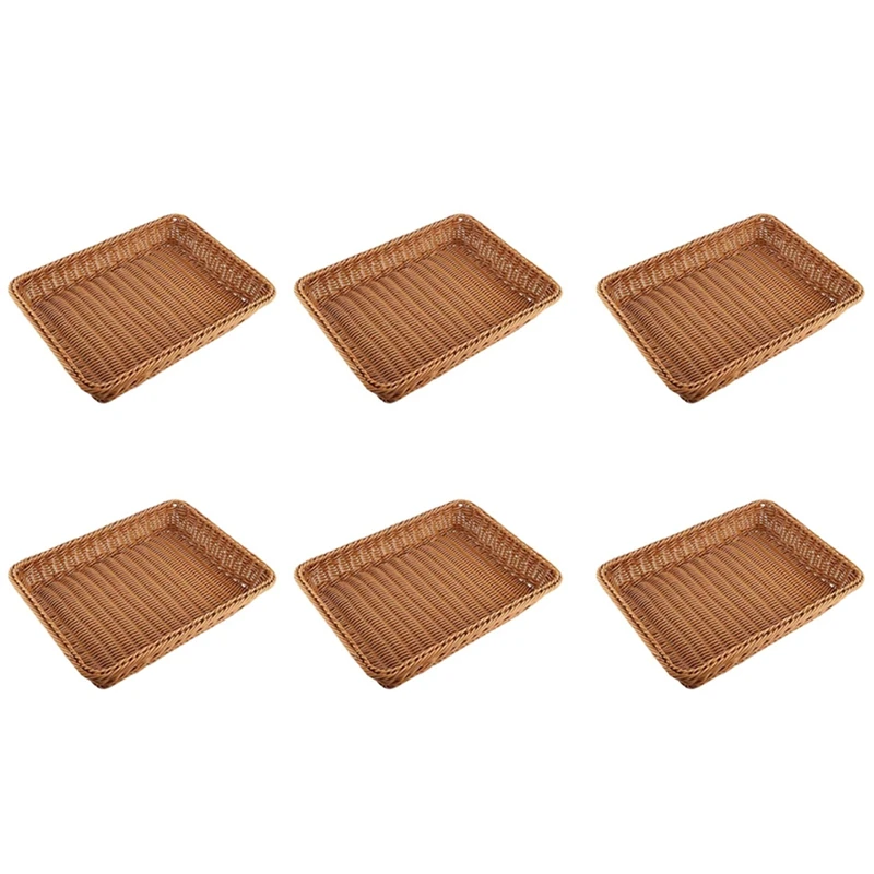 

6X Plastic Rattan Basket, Bread Basket Bread Shop Supermarket Display Basket Woven Tabletop Food Fruit Basket ,Brown