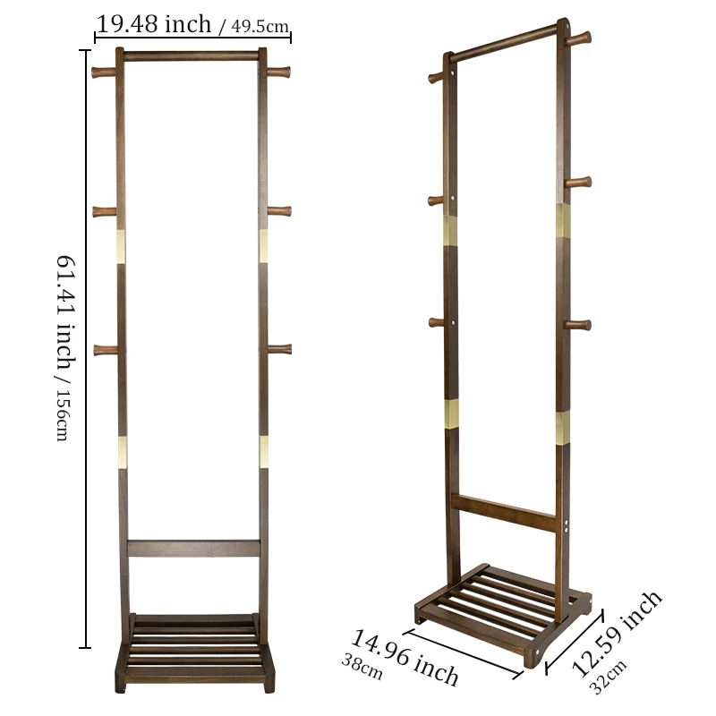 Heavy Duty Coat Rack Freestanding Coat Hall Tree Stand with 2 Tier Storage Shelves Space Saving Brown