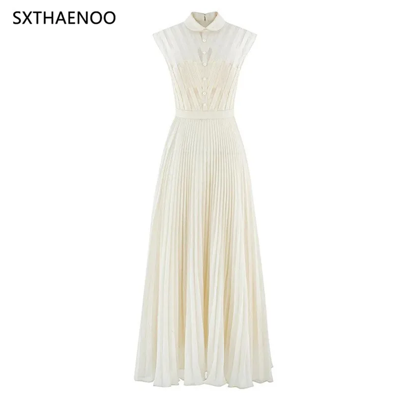 SXTHAENOO, vestido plisado con tiras empalmadas a la moda para mujer, vestidos elegantes de malla de retales de cintura alta sin mangas con solapa, novedad de verano 2025