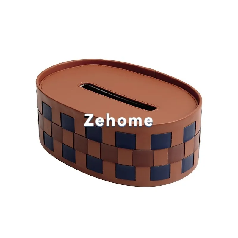 Desktop oval checkerboard light luxury leather tissue box grid home remote control storage paper drawing