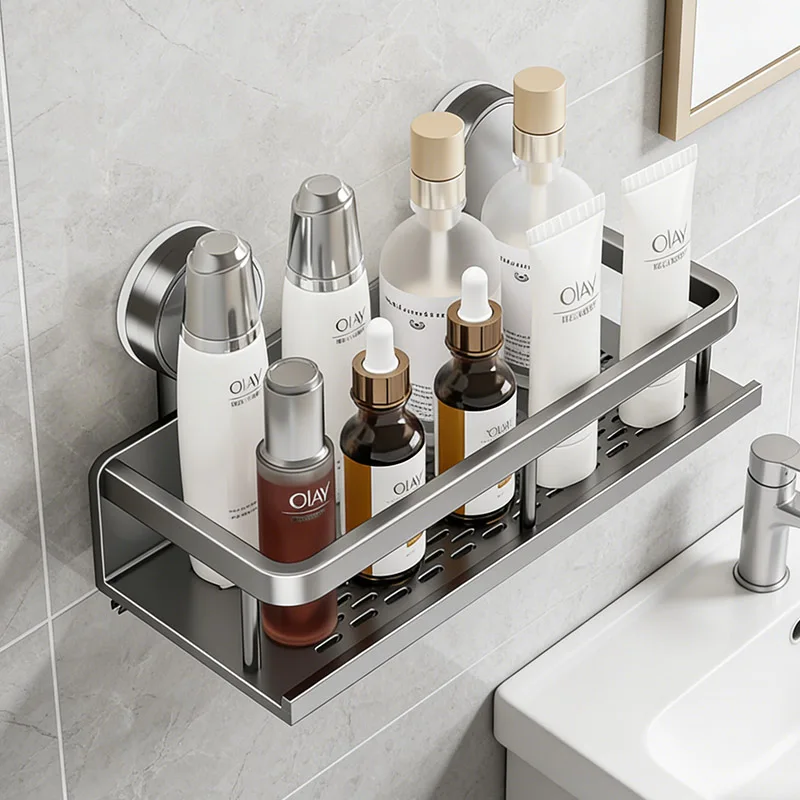Saugnapf-Badezimmer-Kosmetikregal ohne Bohren, wandmontierter Toiletten-Organizer aus Aluminium für Shampoo und mehr