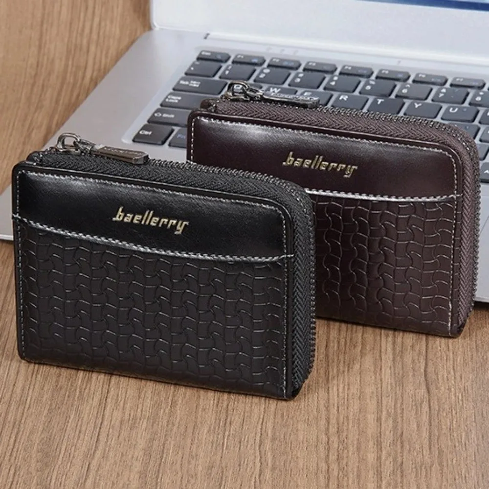 Carteira curta masculina de couro com zíper, bolsa para cartão com letras em inglês, bolsa de couro masculina, capa para cartão de crédito, estilo recreativo urbano