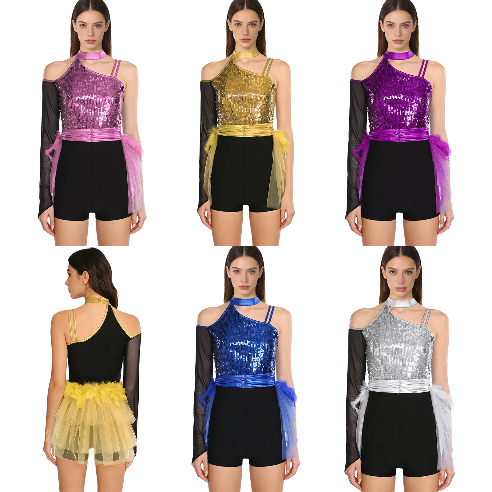 Spanischer Tanz-Body für Damen, One-Shoulder-Langarm-Strampler mit Pailletten und Federn, Overall für lateinamerikanischen Tanz, Chacha, Samba-Auftritt