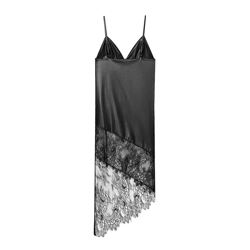 Vestido midi de empalme de cuero de encaje para mujer, vestidos de tirantes sin mangas con cuello en V a la moda, vestido de fiesta sexy para mujer