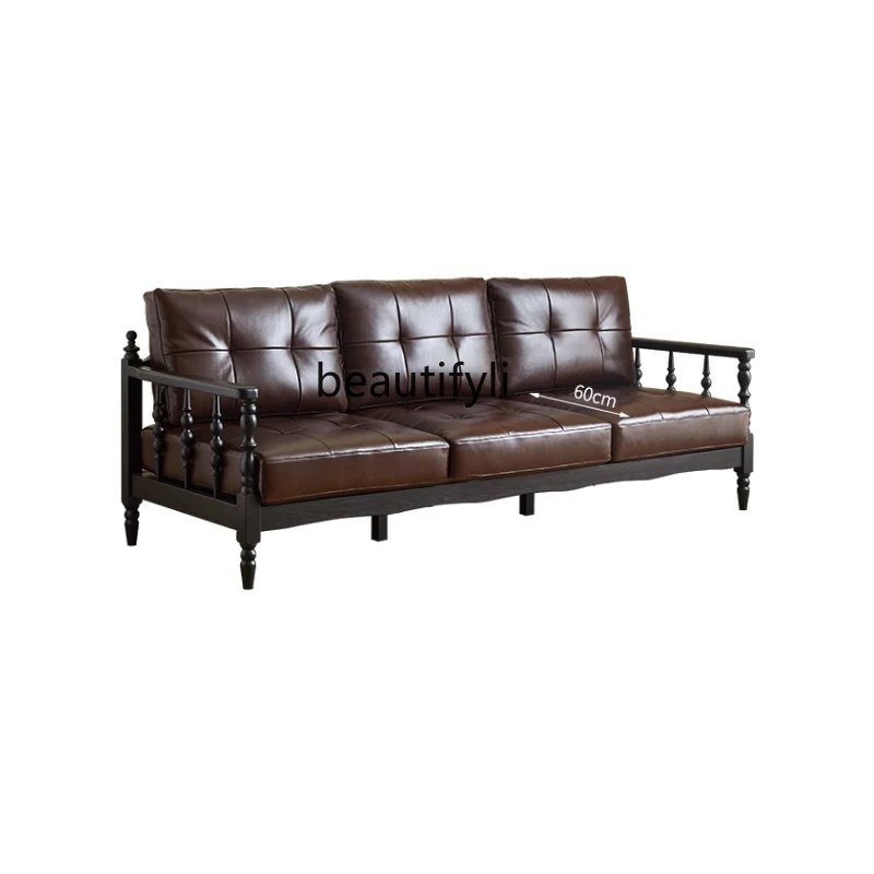 

American retro leather solid wood sofa, living room home multi-person straight row, medieval high-end furniture