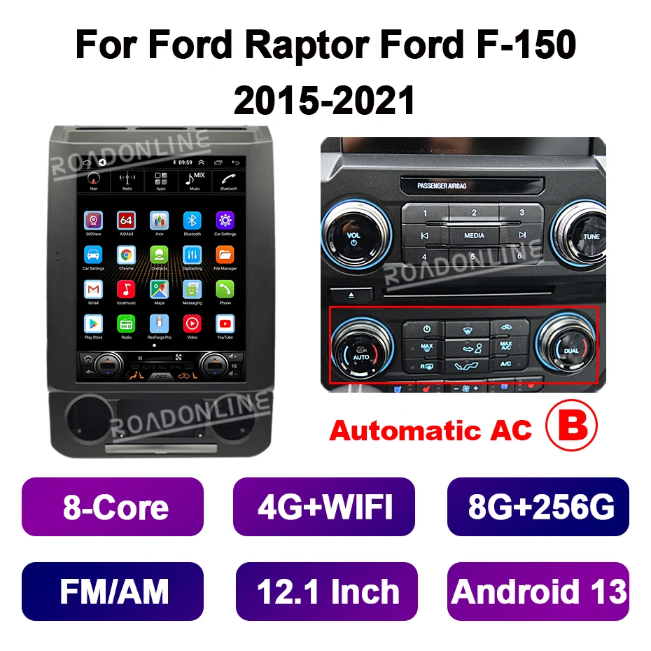 12.1 "Android 14 Tesla Stijl Scherm Voor Ford Raptor F-150 F150 2015-2021 Gps Auto Multimedia Speler stereo Radio Ontvanger CarPlay