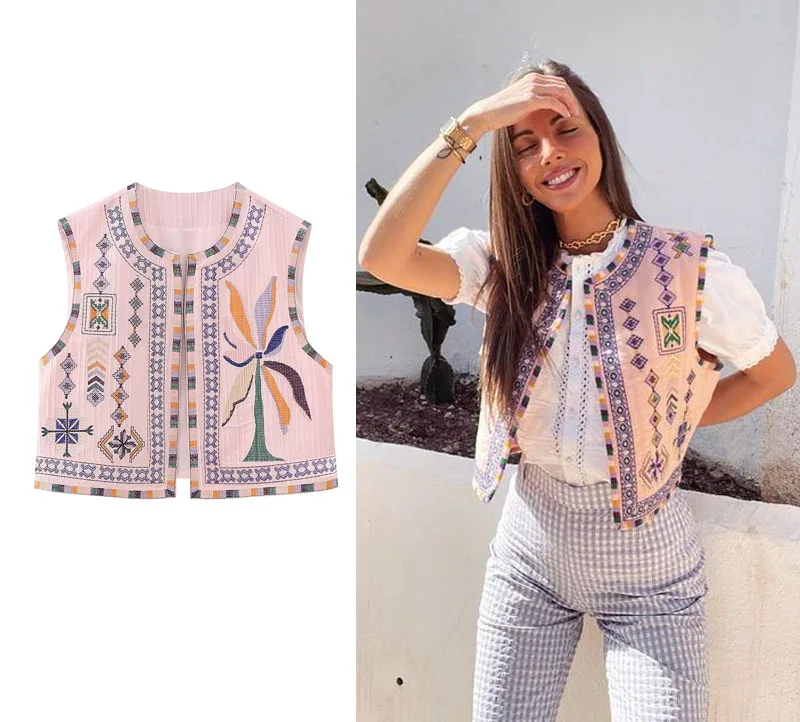 TEELYNN Ethnic Floral Embroidery Boho Vest for Women Coats Casual O-neck Loose WaistCoat Tops Summer Vintage Lady Vest Jackets