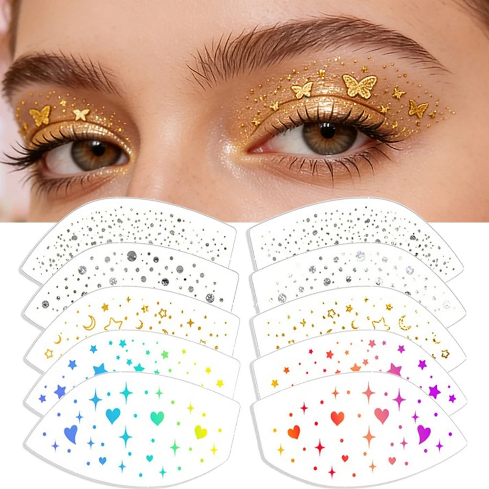 Набор из 6 штук: Временные тату-тени для век с металлическим эффектом, водостойкие, серебристые, с блестками, для женщин, для вечеринок, для макияжа лица