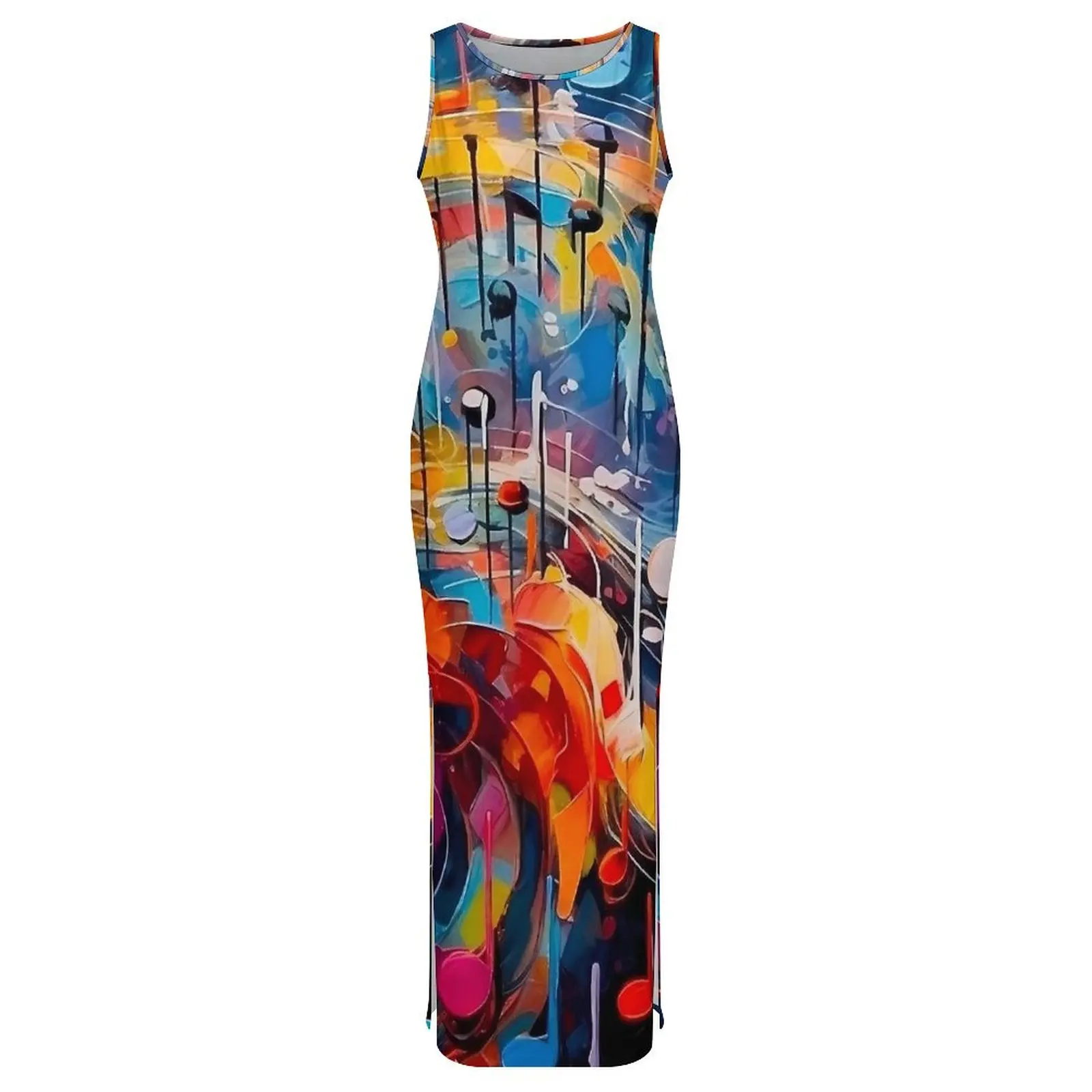 Colorful Music Note Bodycon Dress Summer Abstract Print Retro Maxi Dresses Women Sleeveless Design Aesthetic Dress Big Size 4XL