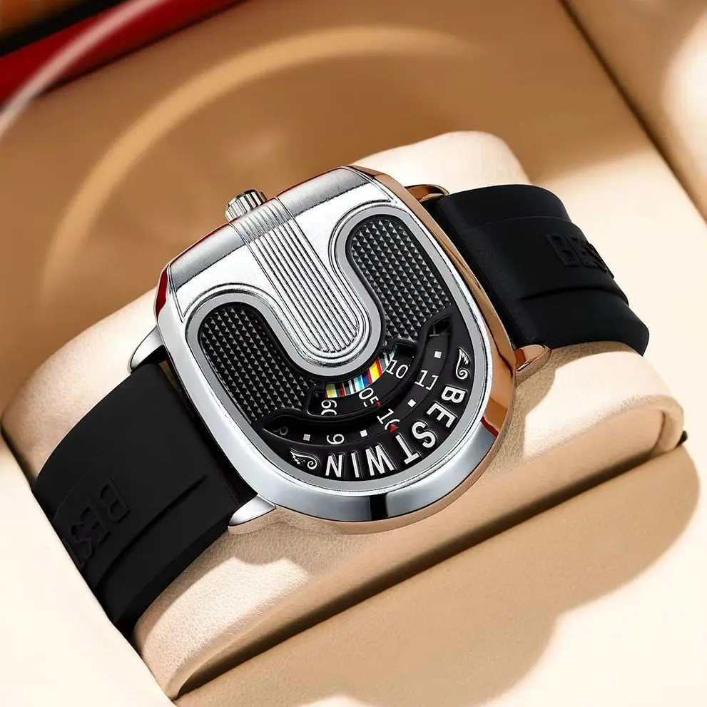 Роскошные мужские часы, уникальный стиль, новая концепция циферблата, мужские кварцевые наручные часы, мужские часы с черным силиконовым ремешком, модные мужские спортивные часы Роскошные мужские часы, уникальный стиль, новая концепция циферблата, мужские кварцевые наручные часы, мужские часы с черным силиконовым ремешком, модные мужские спортивные часы