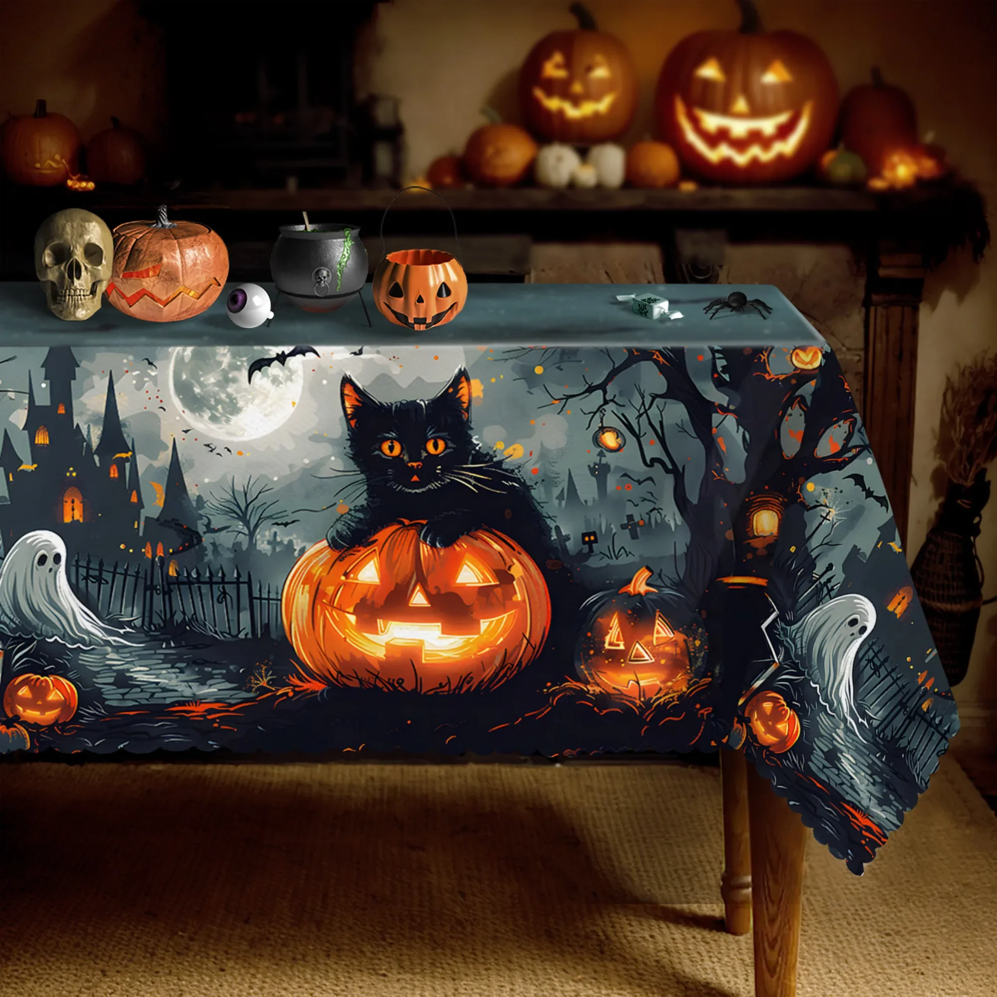 Happy Halloween tablecloth, featuring a retro black cat, pumpkin, ghost, castle, bat and moon design.PMJ