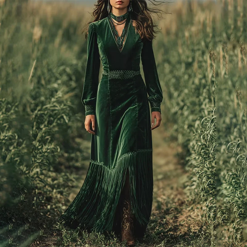 

Elegant Women Velvet Dress Fringe Hem Sexy V-Neck Long Sleeve High Waist Lantern Sleeves Autumn Winter Evening Party Maxi Dress