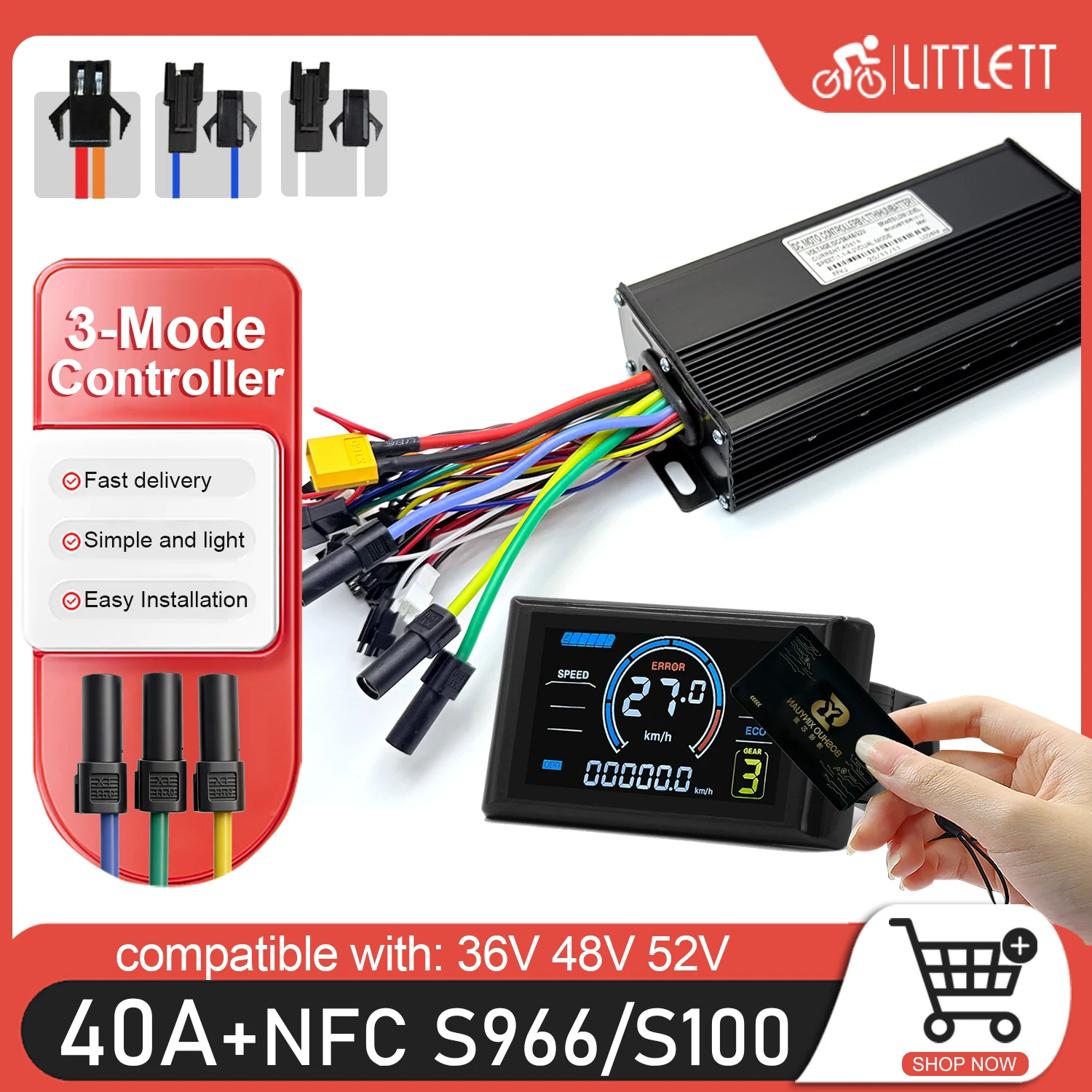 1000W 1200W 1500W 2000W 40A Brushless Motor Driver Sine Wave Controller 36V48V52V S966 NFC LCD for E-Bike Electric Scooter Parts
