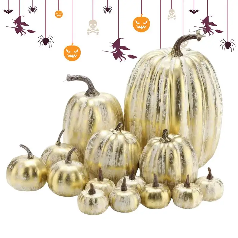 Simulated Golden Pumpkin Set Foam Decoration Props Set 14pcs Creating The Festival Ambiance Assorted Faux Harvest Pumpkins