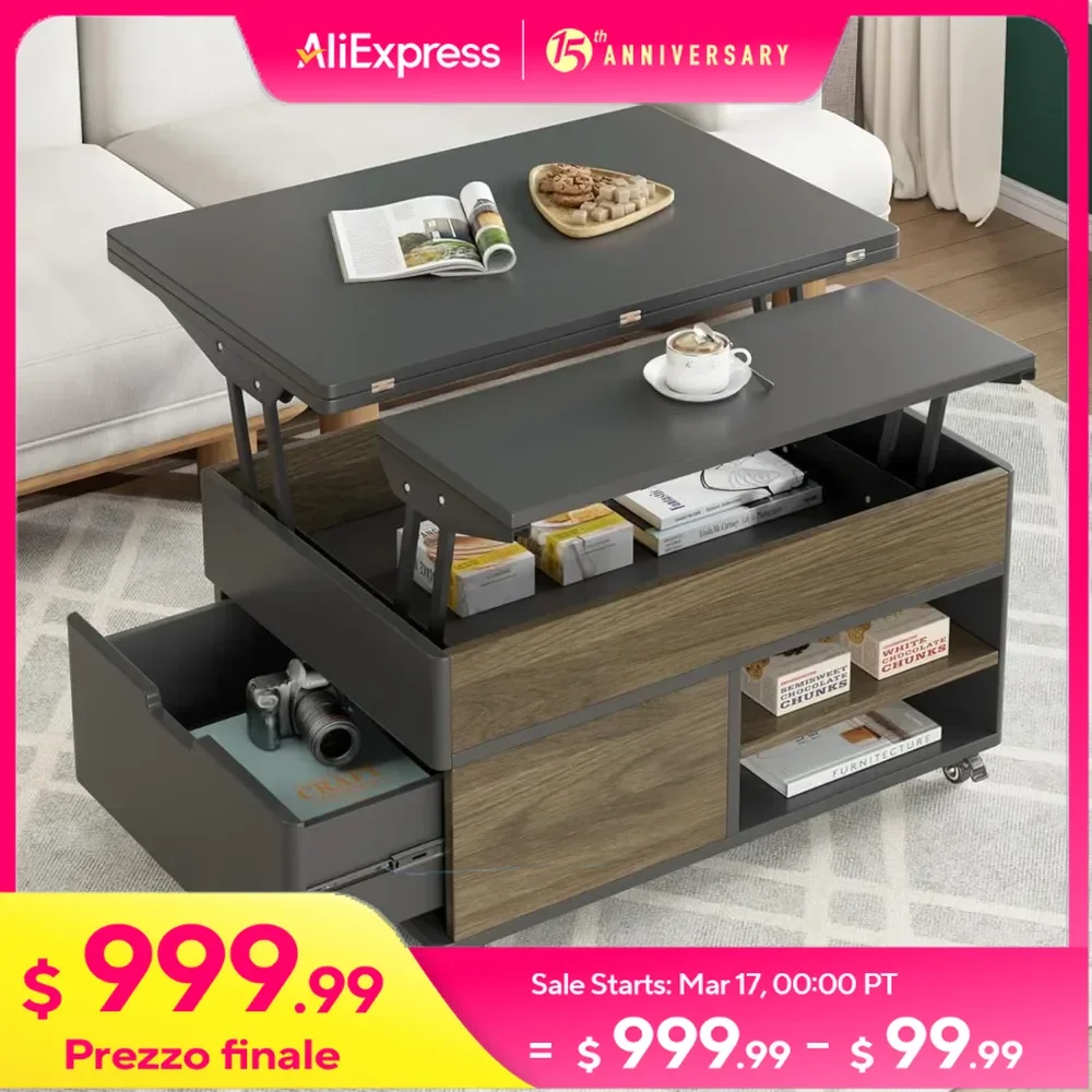 Mesa de centro elevable con compartimento de almacenamiento oculto, mesas centrales 3 en 1 con ruedas, mesa de comedor plegable multifuncional