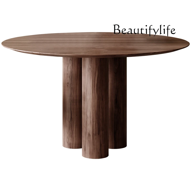 

Designer round dining table Nordic solid wood small apartment retro black walnut home medium and ancient style