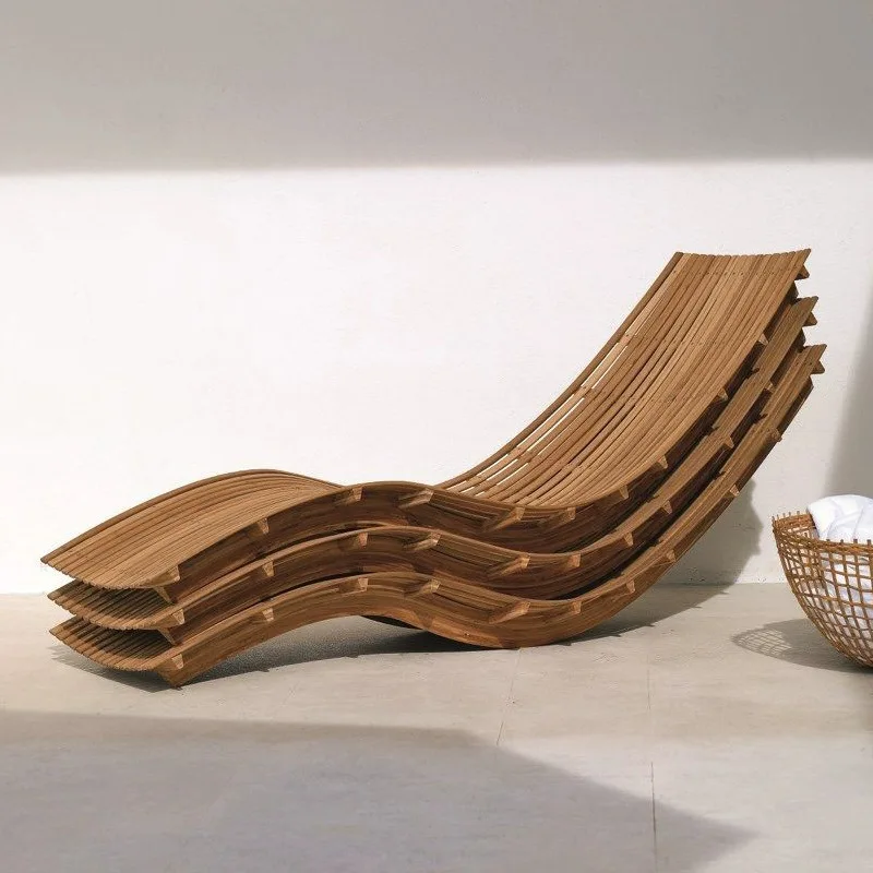 #Modern and Simple Teak Reclining Sun Lounger with Waterproof and Sunscreen Features for Villa Patio Pool Balcony Garden