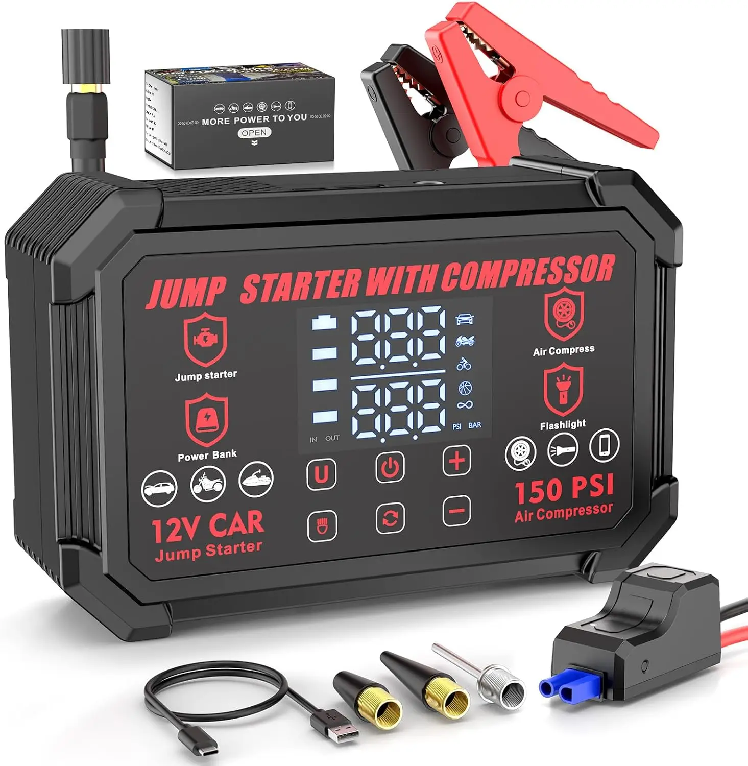 

Пусковое устройство для автомобиля 4000А с функцией подкачки шин до 150PSI, LED-фонарем и дисплеем для бензиновых/дизельных автомобилей